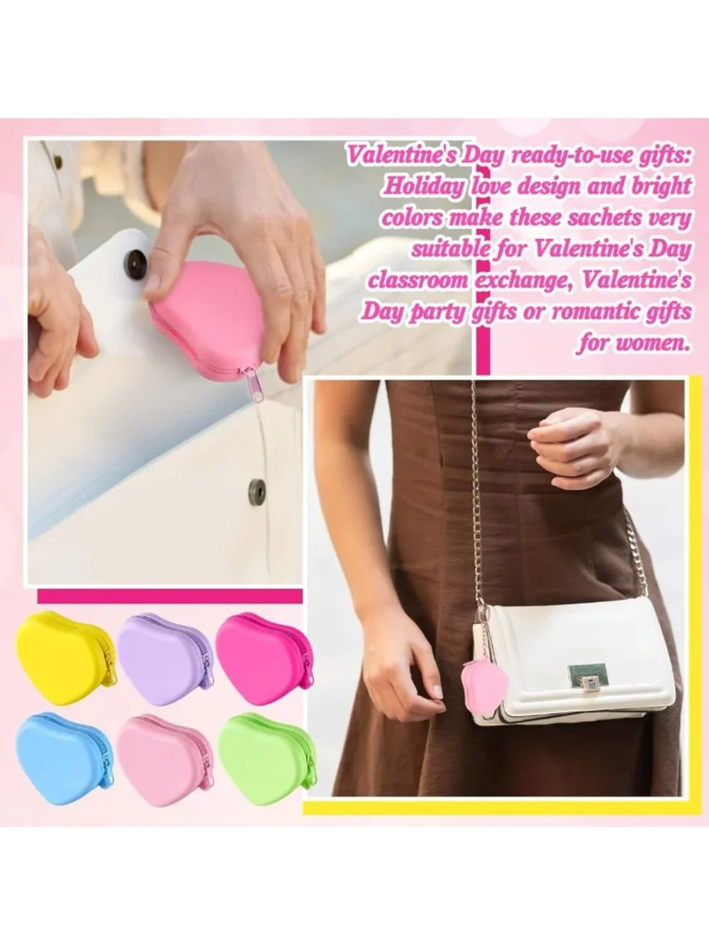 24 Heart Shaped Silicone Coin Pouches - Cute Mini Wallets with Keychain for